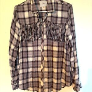 Rails Dolly Shirt in‎ Olive Black Mini Check Plaid with Fringe Size M